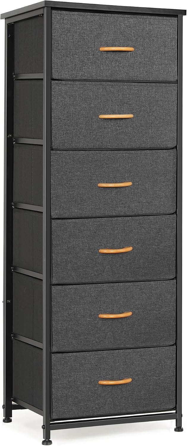 Mifuro Tall Dresser for Bedroom with 6 Drawers, Vertical Storage Organizer Tower, Chest of Drawers with Fabric Bins, Steel Frame, Wood Top for Bedroom, Closet, Entryway-Grey