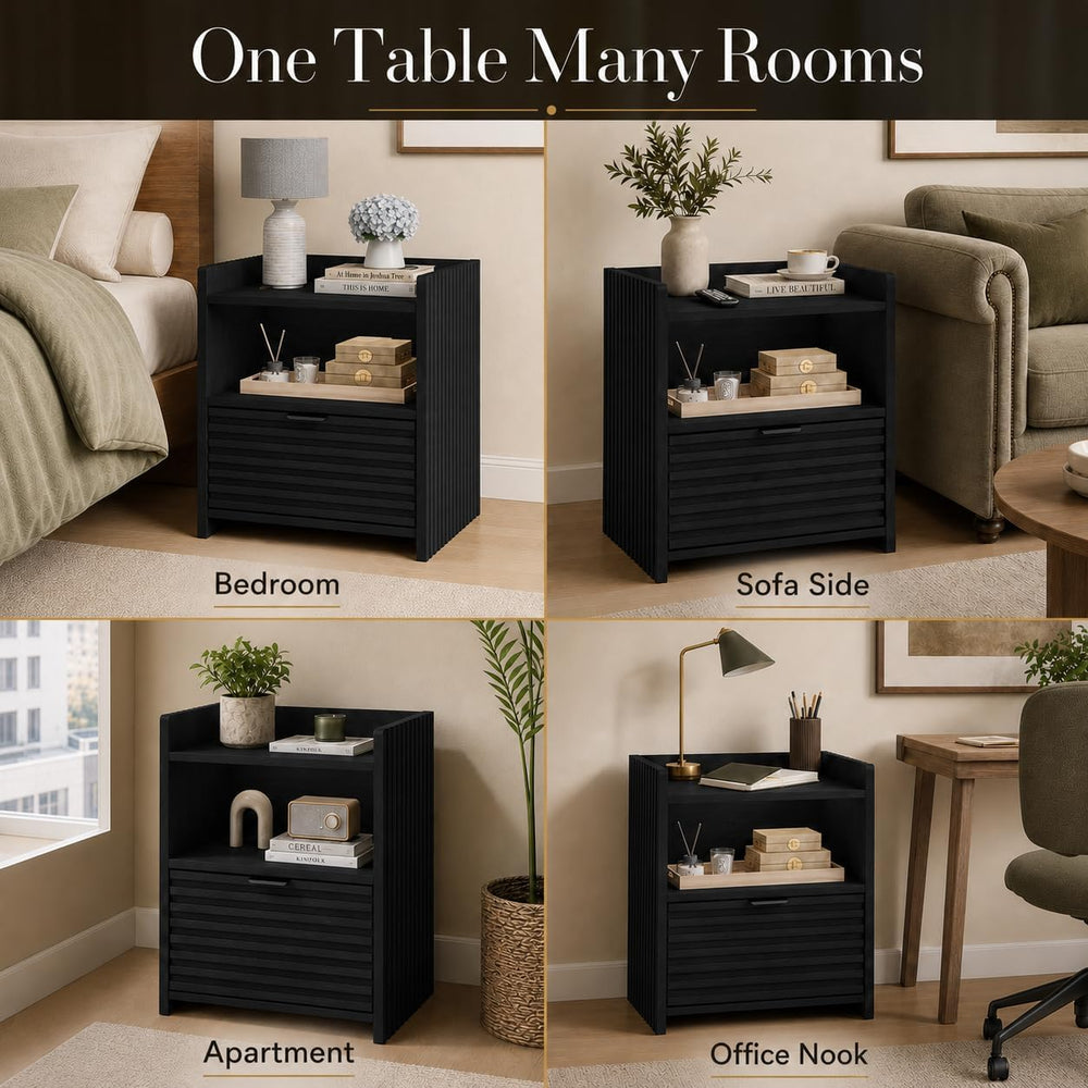 BON AUGURE Black Wood Nightstand, Modern End Table with Drawer