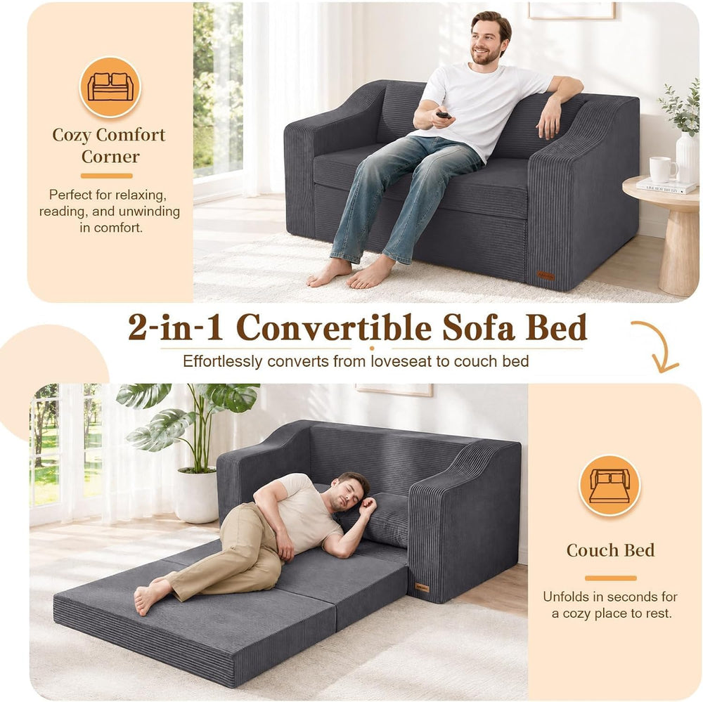 MeMoreCool 58" Boneless Loveseat Sofa Bed, Corduroy Pull Out, Warm Grey