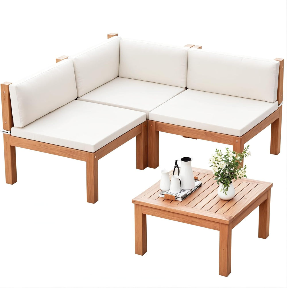 Devoko 4 Pcs Acacia Wood Small Patio Sectional Coach Sofa 54'' L x 54...
