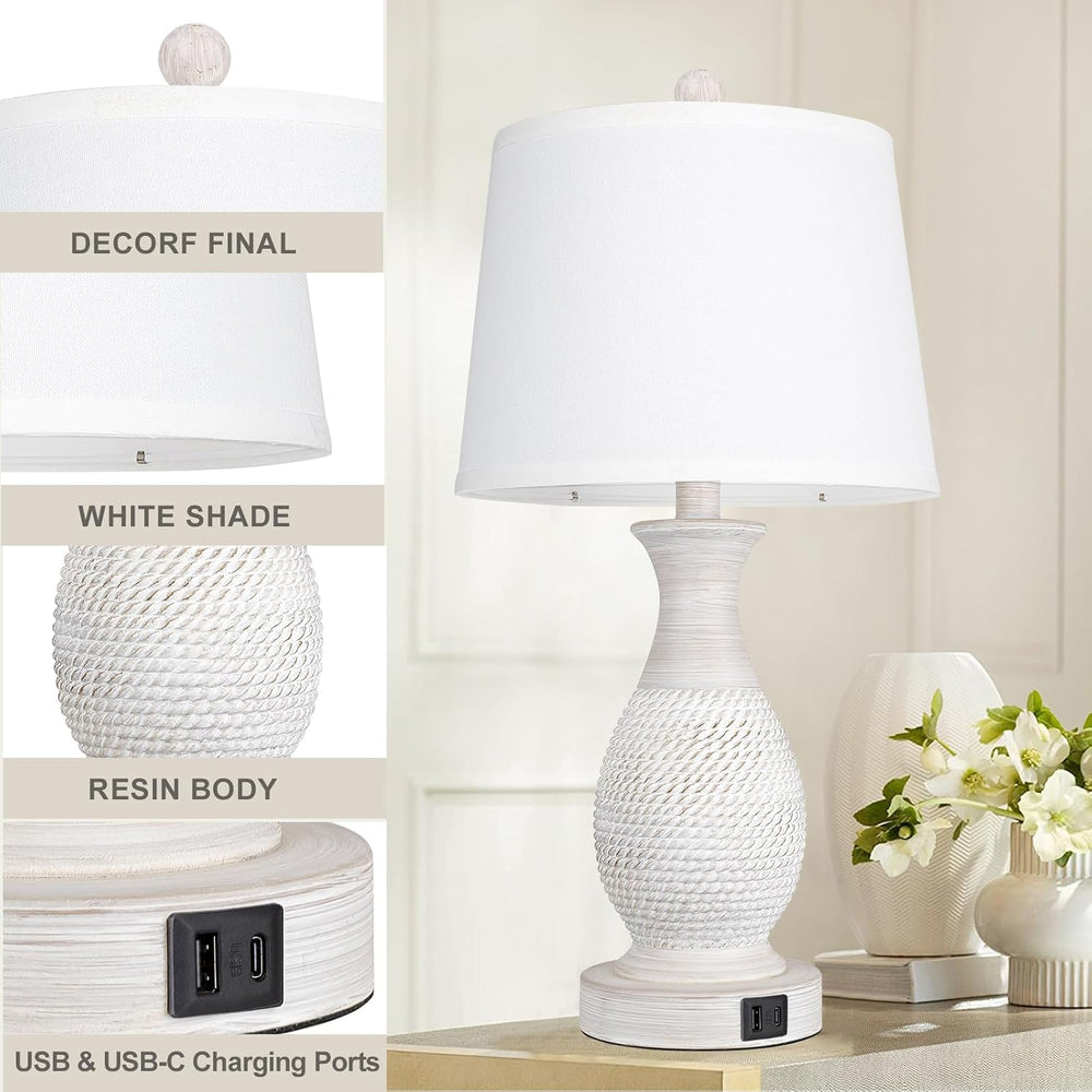 PARTPHONER Table Lamps Set of 2, Bedside Touch Lamp with USB C+A Charging Por...