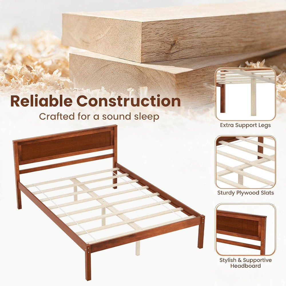 KOMFOTT Full Size Wood Platform Bed Frame with Headboard, Solid Wood Bed Fram...