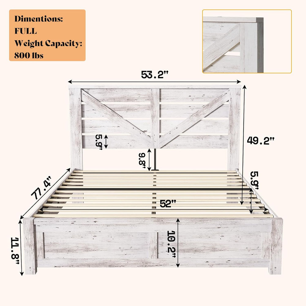 AMERLIFE Farmhouse Full Bed Frame with 49.2" Barn Door Headboard, White