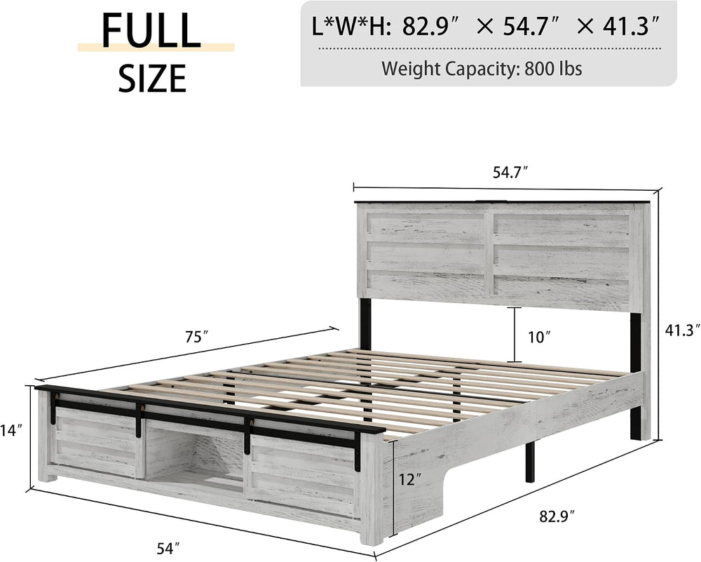 Wooden Full Bed Frame with Headboard, Farmhouse Storage, Barn Door
