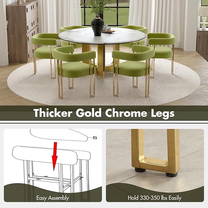 Green and Gold Modern Dining Chairs Set of 2, Velvet Upholstered Barrel Armch...