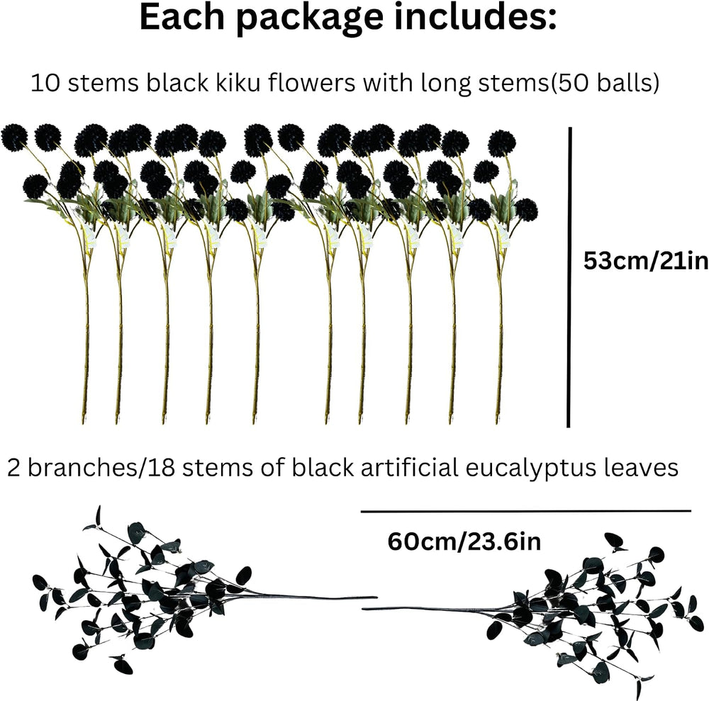 12 Black Artificial Flowers & Eucalyptus Long Stems, Halloween Decor
