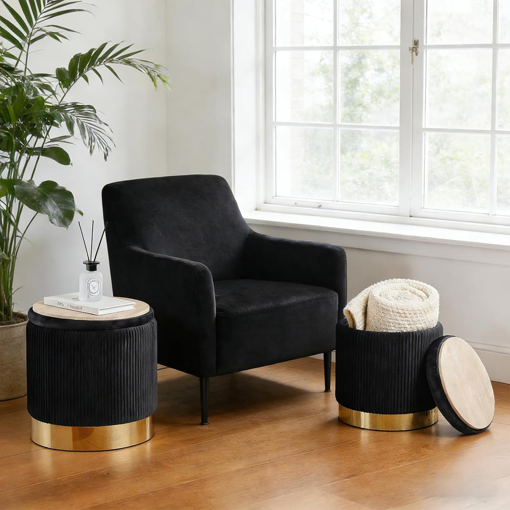Round Ottoman with Storage Set of 2 Black Velvet Vanity Stool