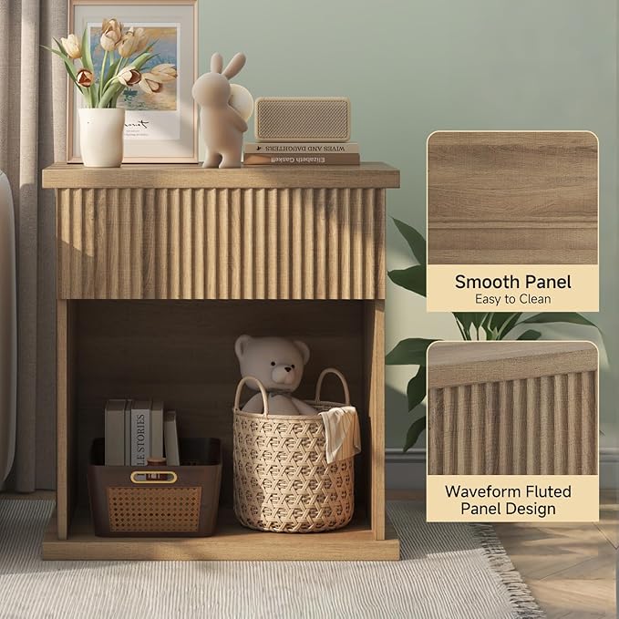 Fluted Nightstand Set of 2, 22.8" Wide Nightstands with Drawer Storage L...
