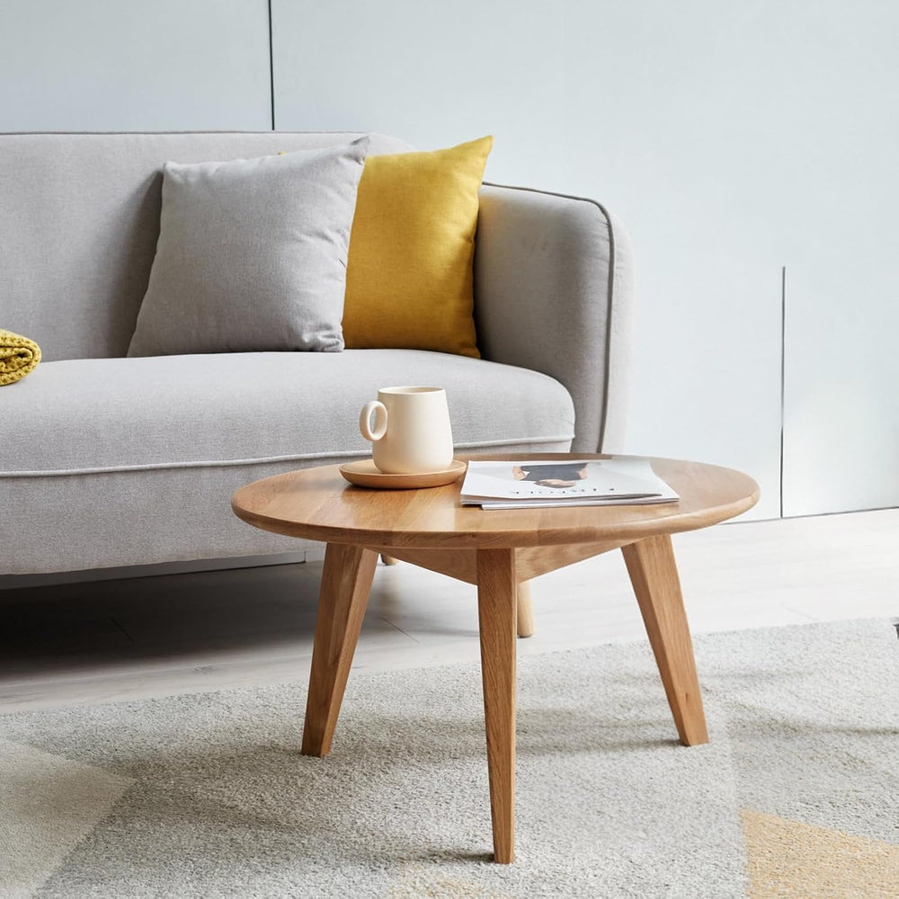 100% Solid Oak Wood Mini Coffee Table, Round Cofffe Tables Side Table w/Solid...