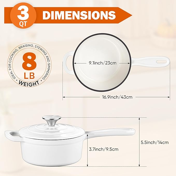 Homikit 3 Quart Saucepan with Lid, Enameled Cast Iron Saucepan