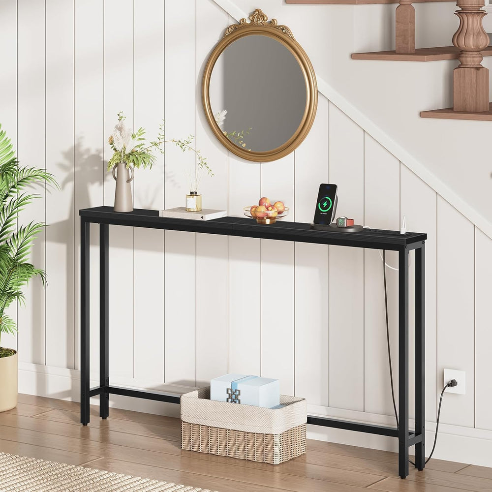 HOOBRO 55.1" Narrow Console Table with Power Outlets, 5.9" Behind C...
