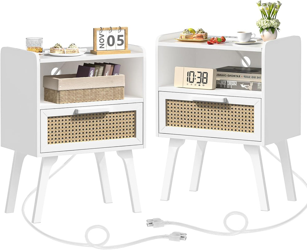 Lerliuo Rattan Nightstands Set of 2 with Charging Station, White Bedside Tabl...