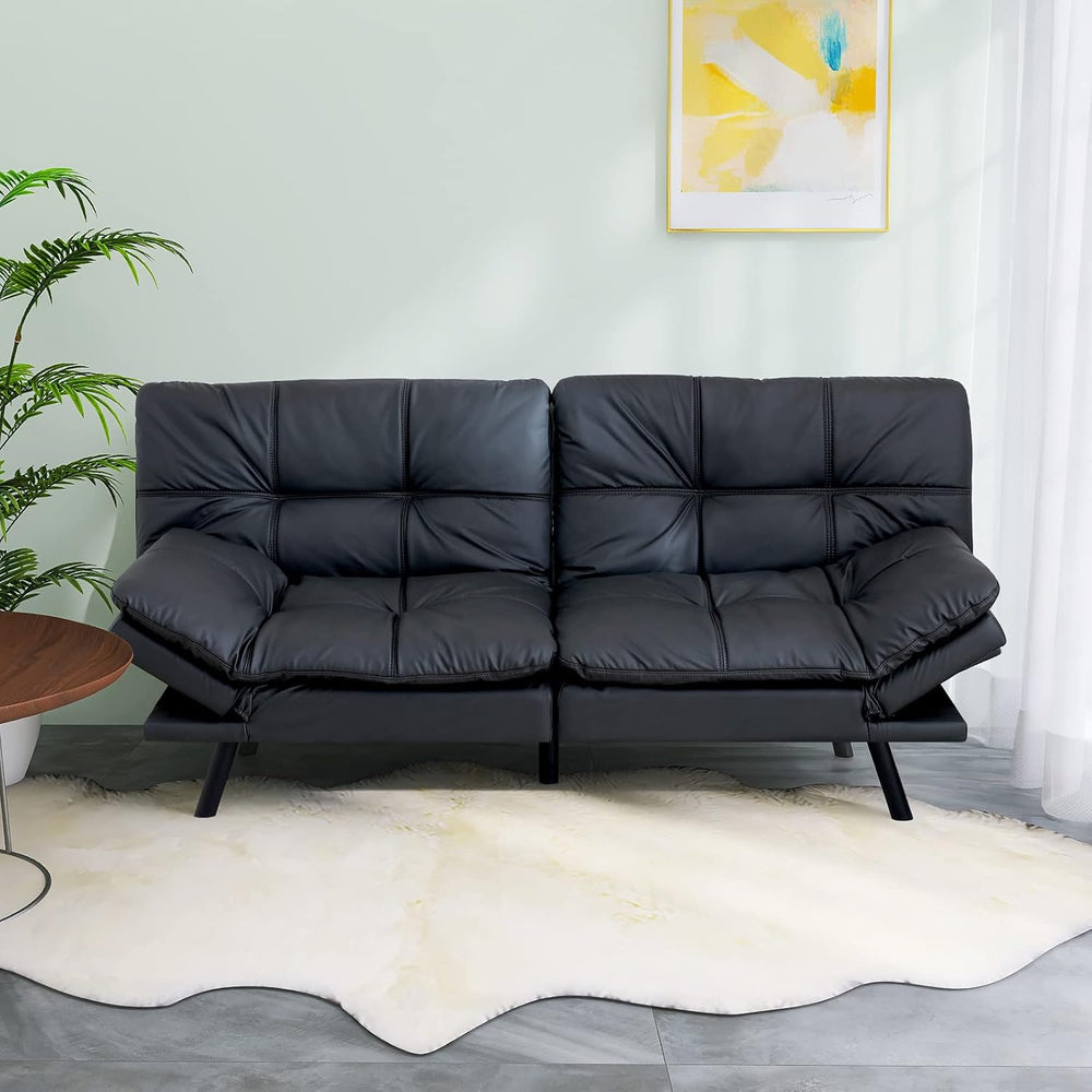 Hcore Convertible Futon Sofa Bed,Black Leather Memory Foam Loveseat Futons So...