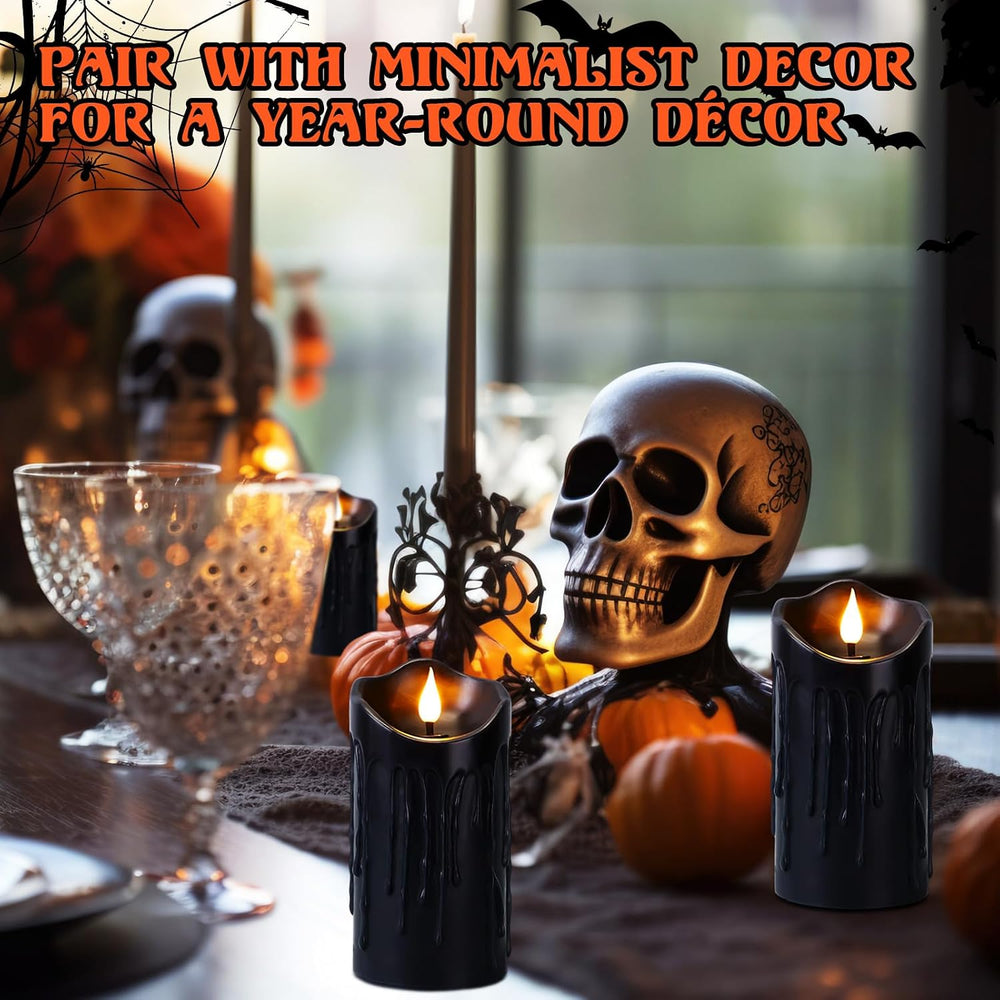 4 Pack Halloween Black Flameless Pillar Candles with Remote, 3 x 6 Inch
