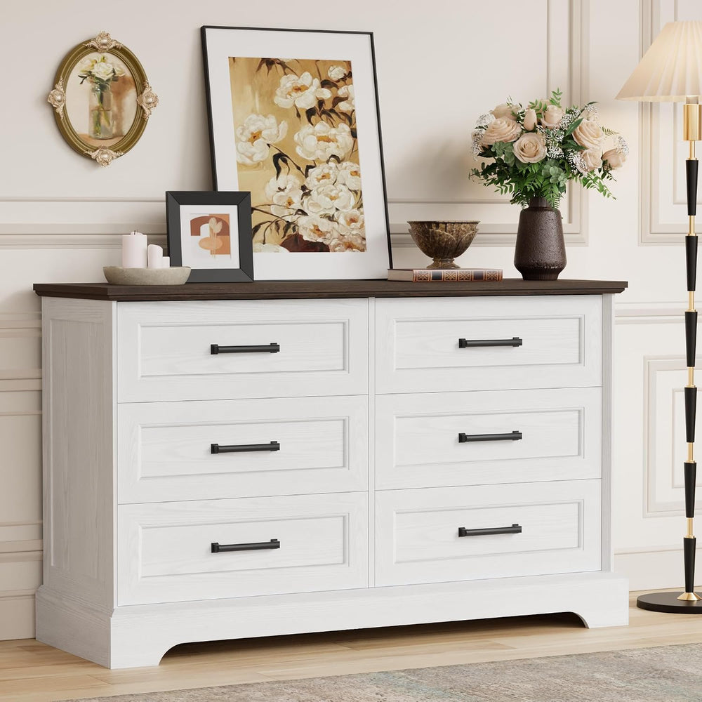 Furmax Farmhouse Dresser for Bedroom, 6 Drawers Dresser, White & Brown