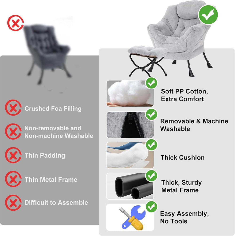 Furlide Lazy Chair with Ottoman, Comfy Reading Chair for Bedroom,Grey