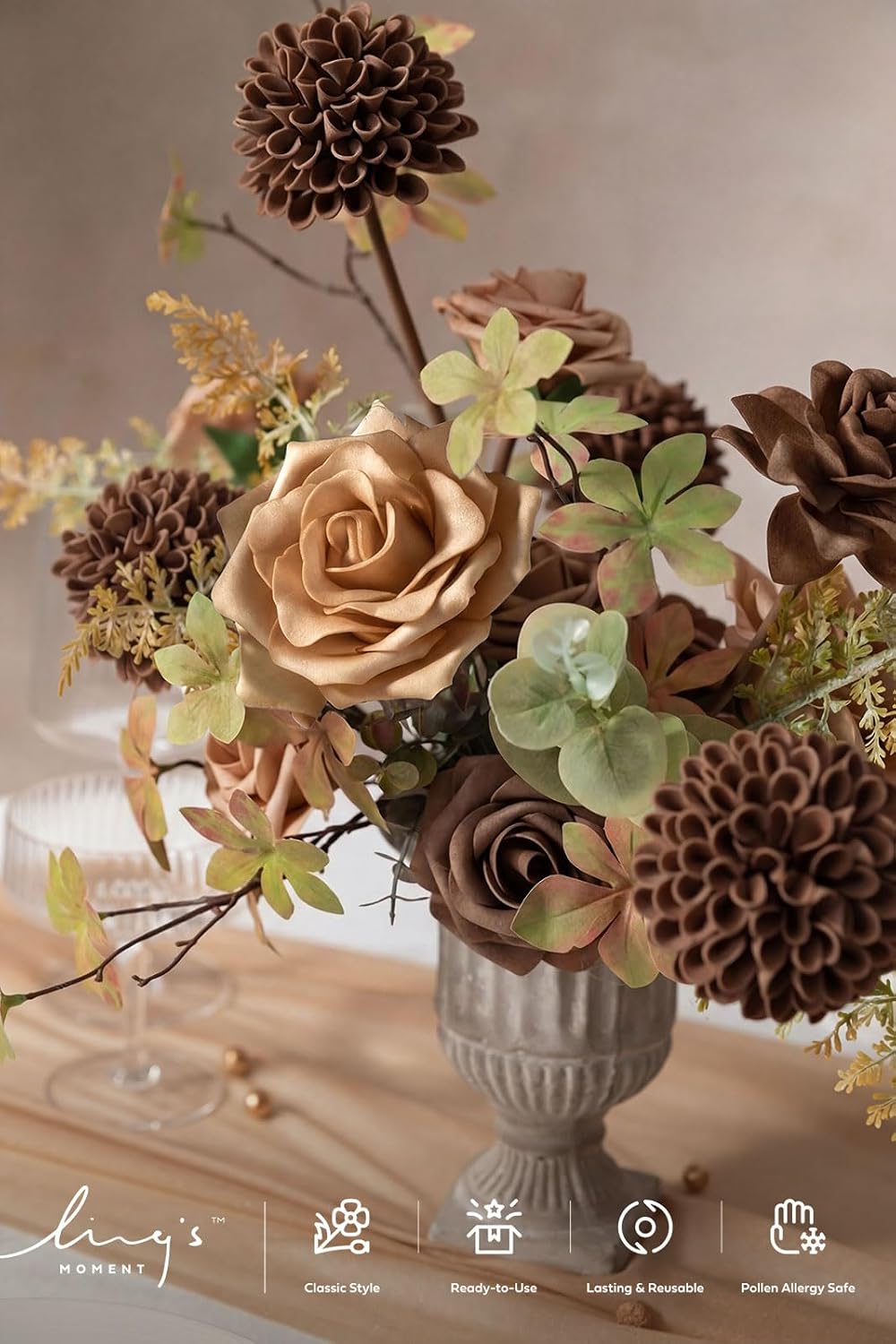 Ling's moment Artificial Flowers Fake Roses Faux Gardenia Foam Brown Beige