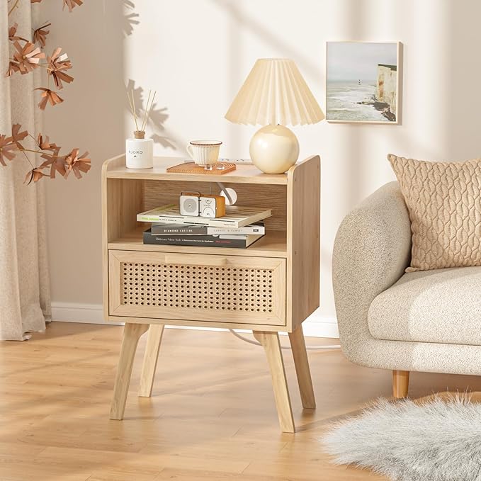 Lerliuo Rattan Nightstands Set of 2 with Charging Station, Boho Night Stand w...