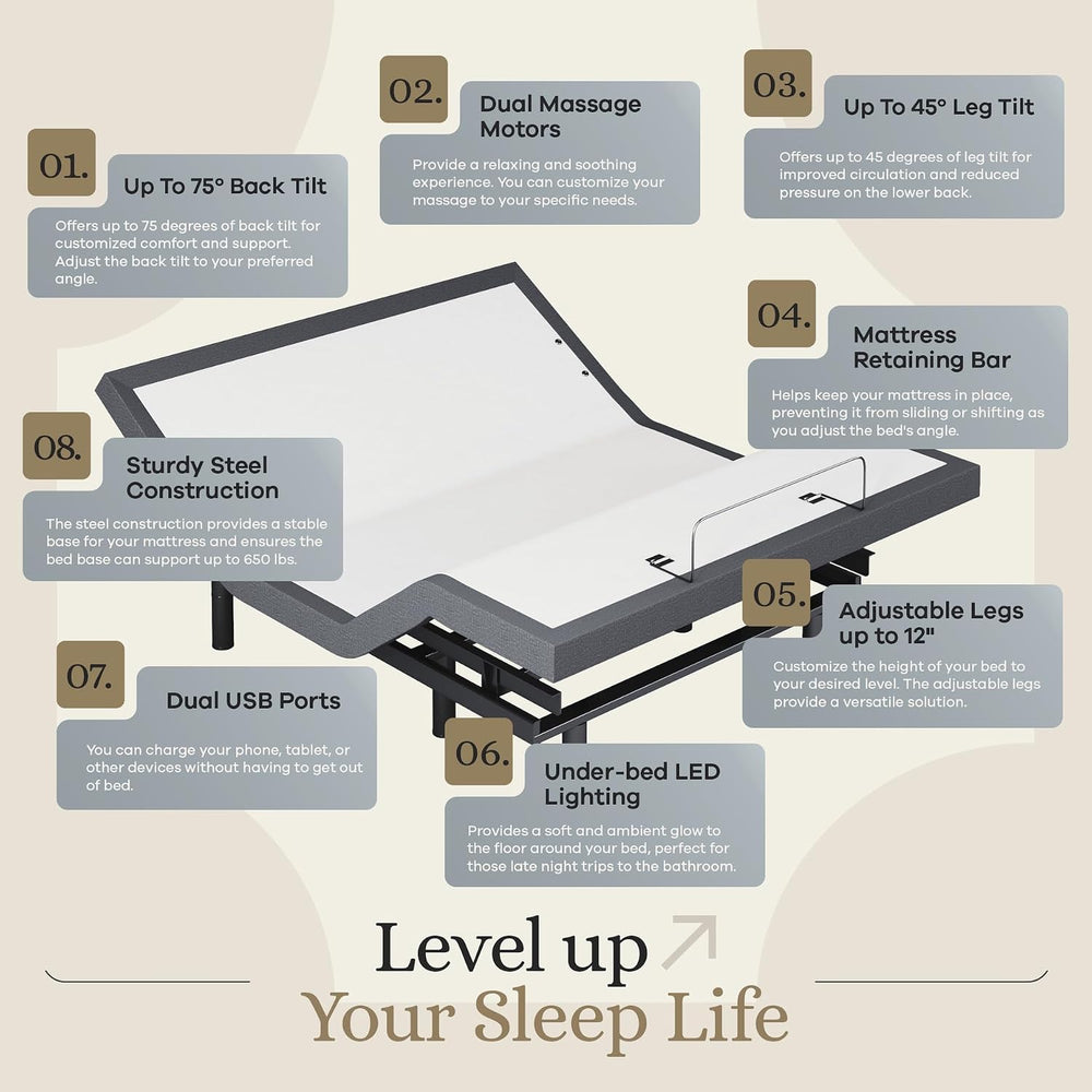 Sven & Son Classic Adjustable Bed Base, Head and Foot Lift, Massage, Unde...