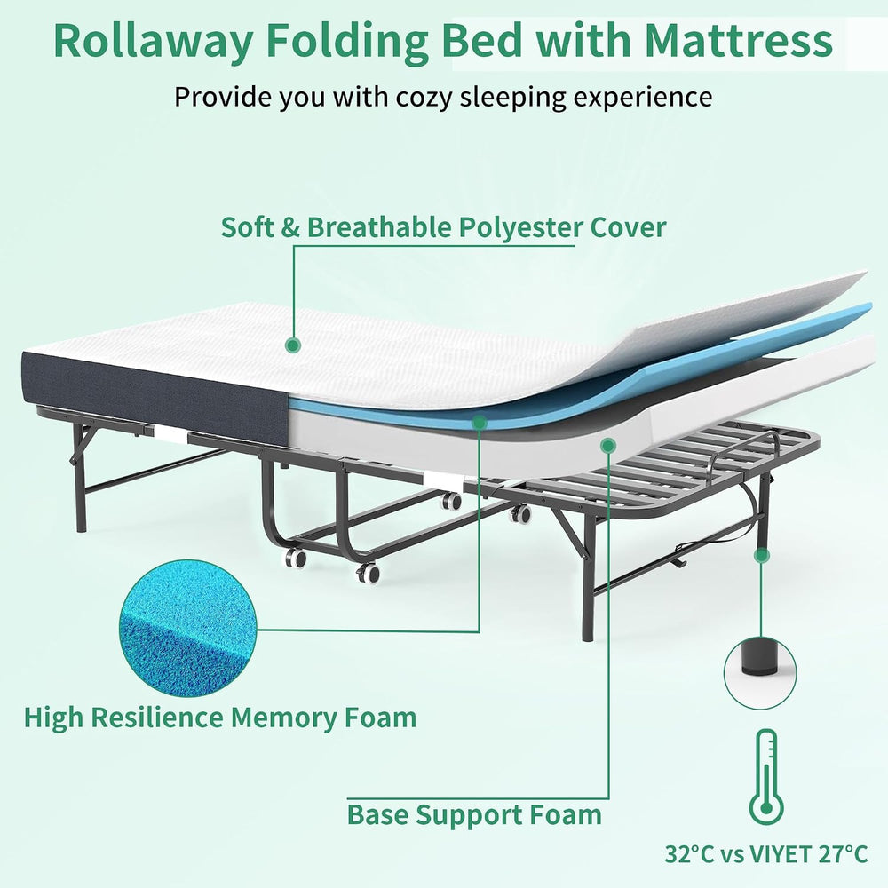 Folding Bed with Mattress,5-Inch Memory Foam Foldable Bed for Adults,500lbs C...