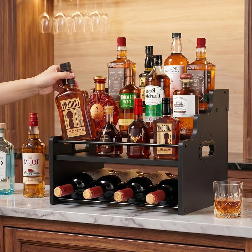4-Tier Wood Display Shelf Wine Rack for 16 Bottles Wood Coffee Syrup Organize...