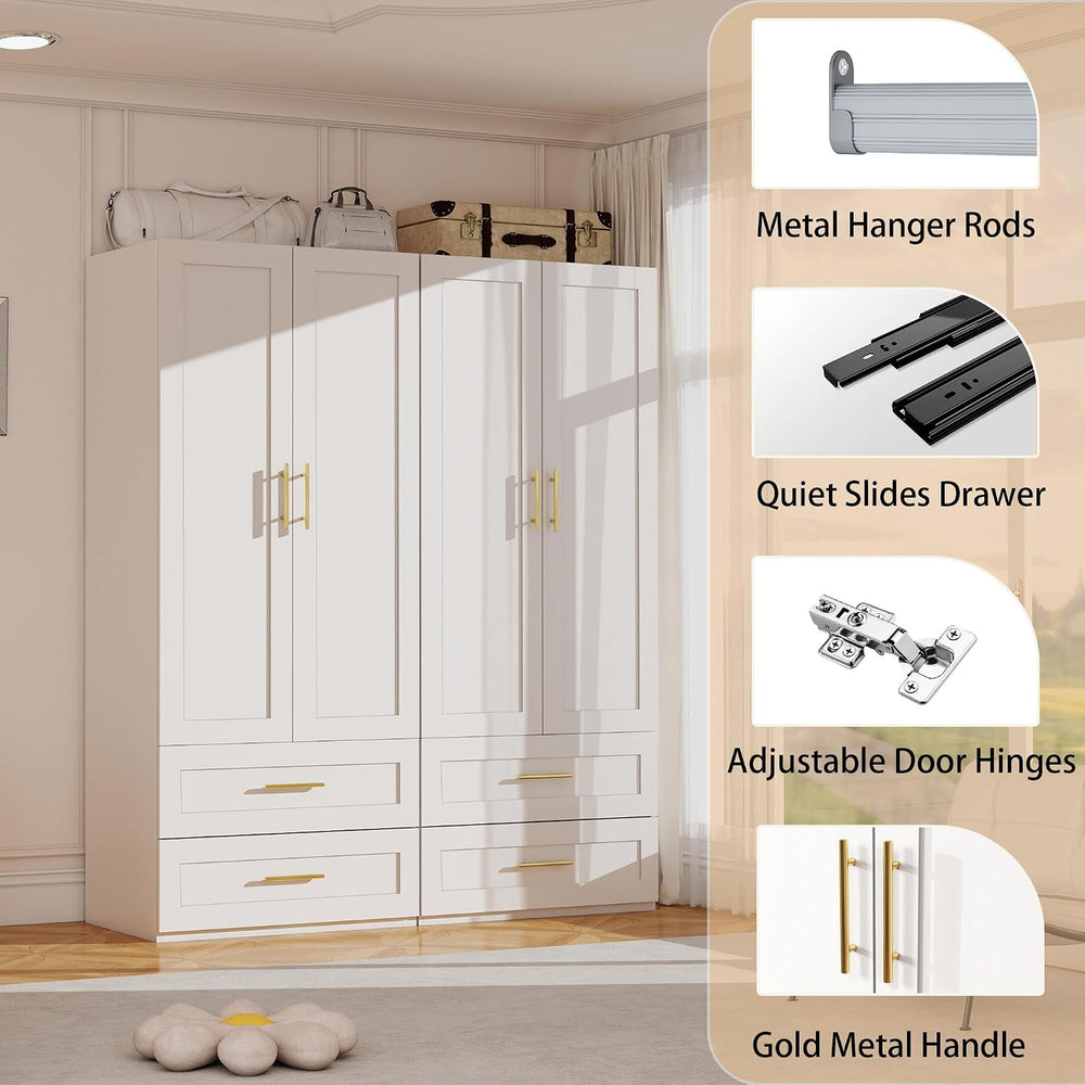 White Wardrobe with 4 Doors and 4 Drawers,75" Tall x 63" Wide
