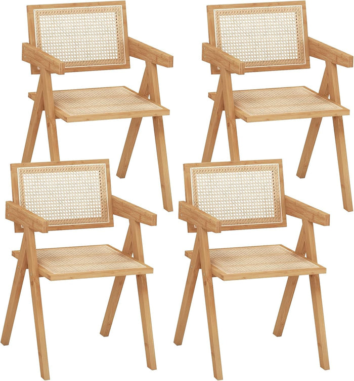 GIANTEX Rattan Dining Chairs Set of 4, Boho Cane Living Room Chairs, Max Load 330 Lbs, Wooden Dining Chairs, Bamboo Accent Armchair for Living Room, Dining Room, Natural