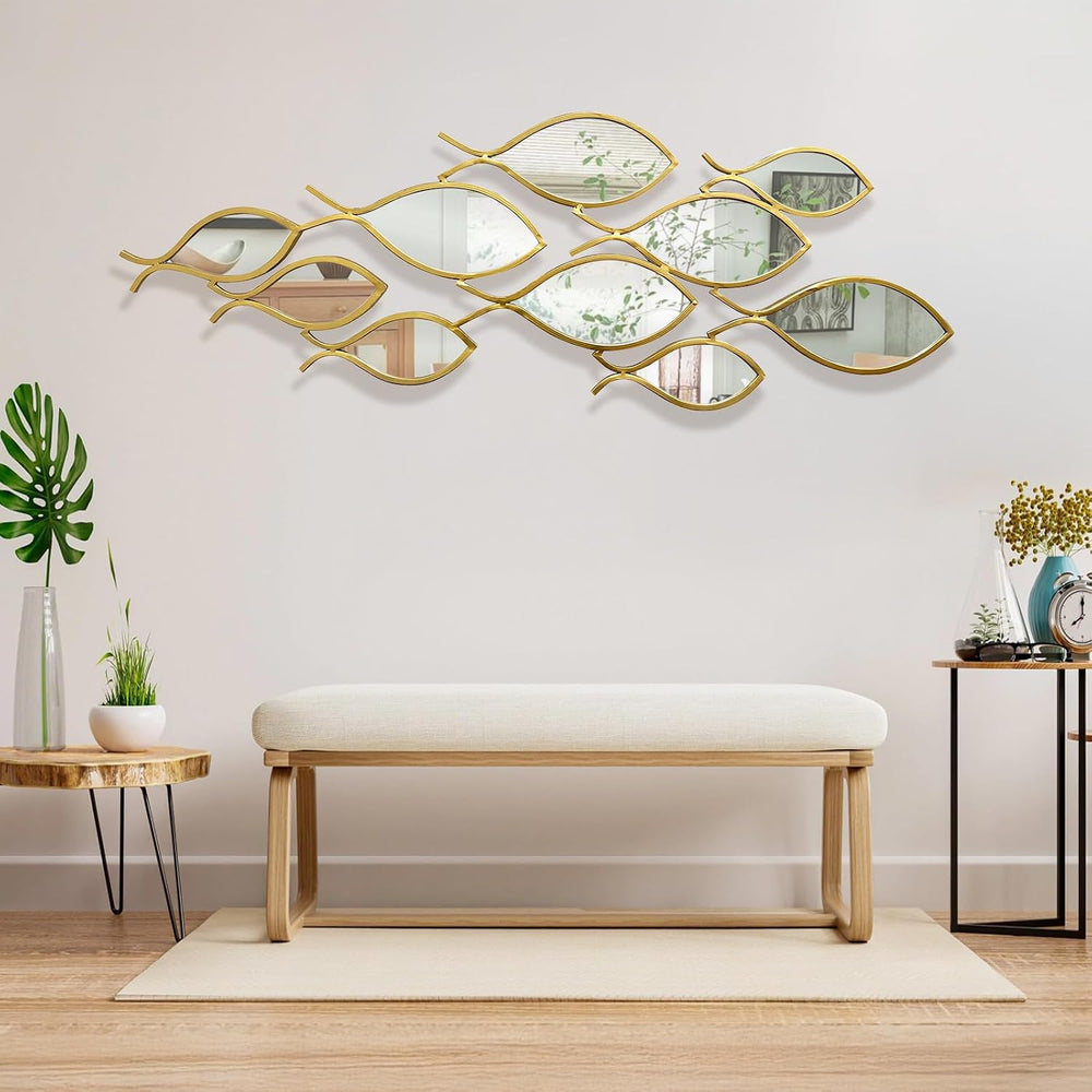 BECHAEO Coastal Metal Fish Mirror Wall Art Decor, 41" x 15" Gold
