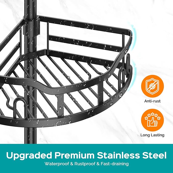 HAMITOR Corner Shower Caddy Tension Pole: Rustproof Stable 4-Tier Bathroom