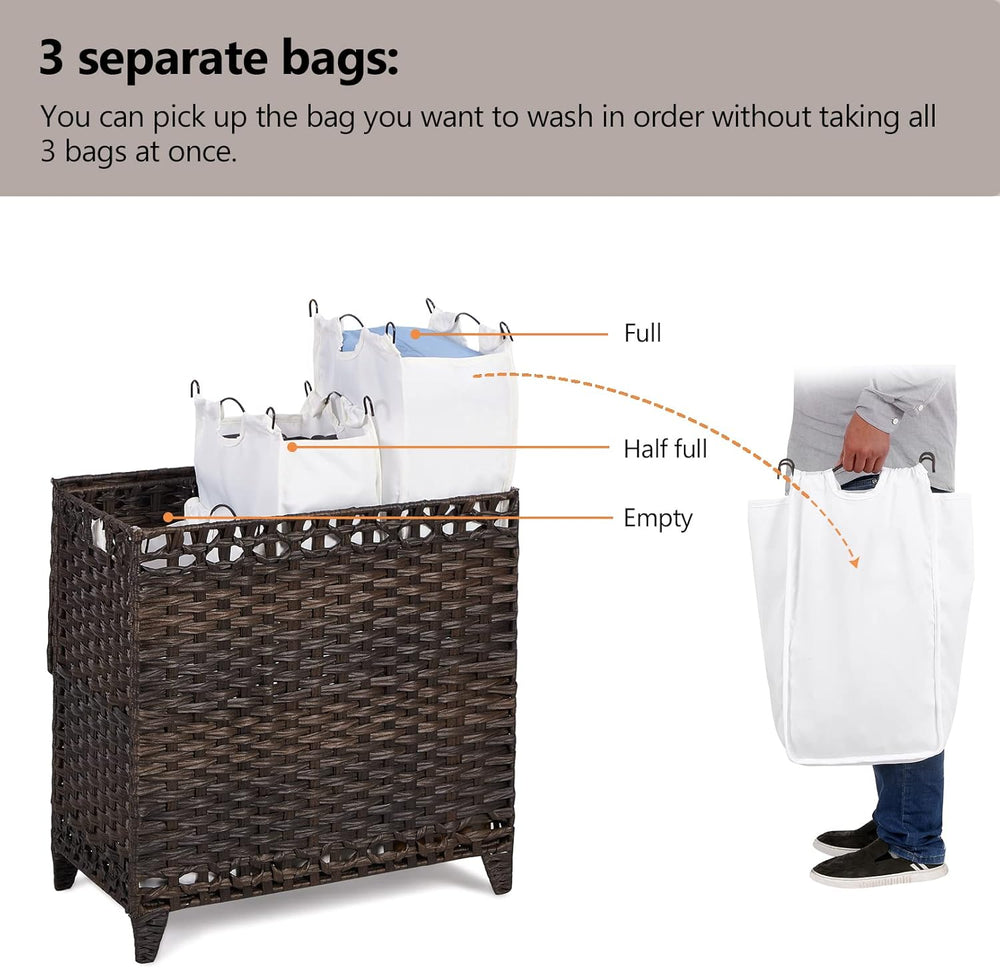 Laundry Hamper with 3 Removable Liner Bags; 132L Handwoven Rattan Laundry Bas...