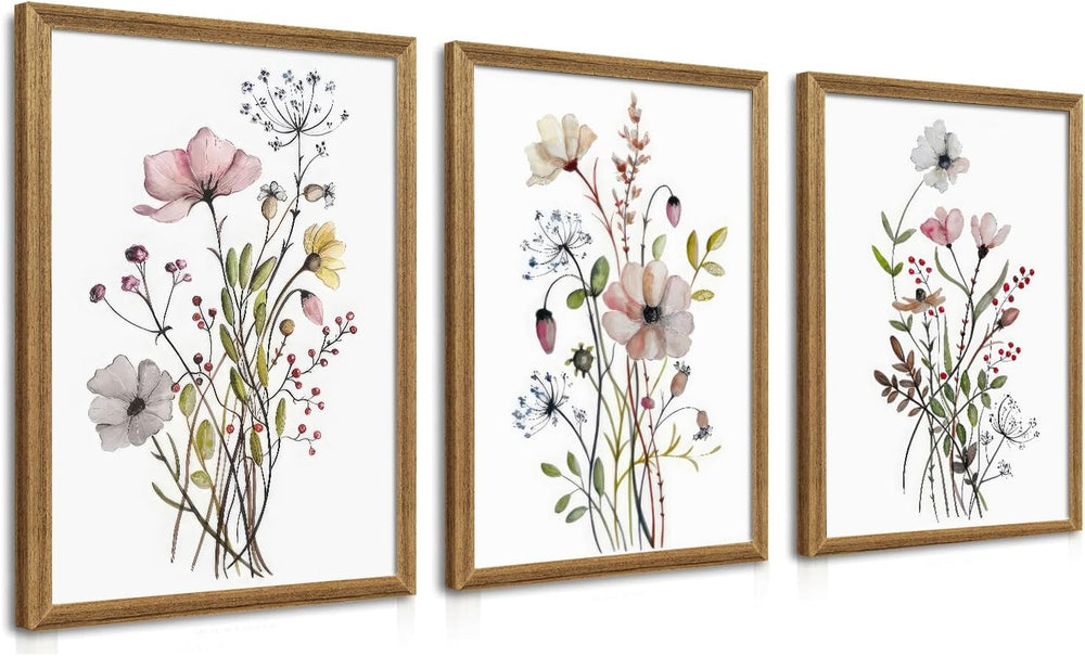WRFON Framed Botanical Canvas Wall Art Set of 3, Watercolor Floral Prints, Fr...