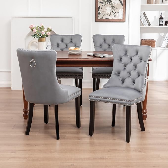 Velvet Dining Chairs Set of 4,Upholstered Dining Chairs with Ring Pull Trim a...