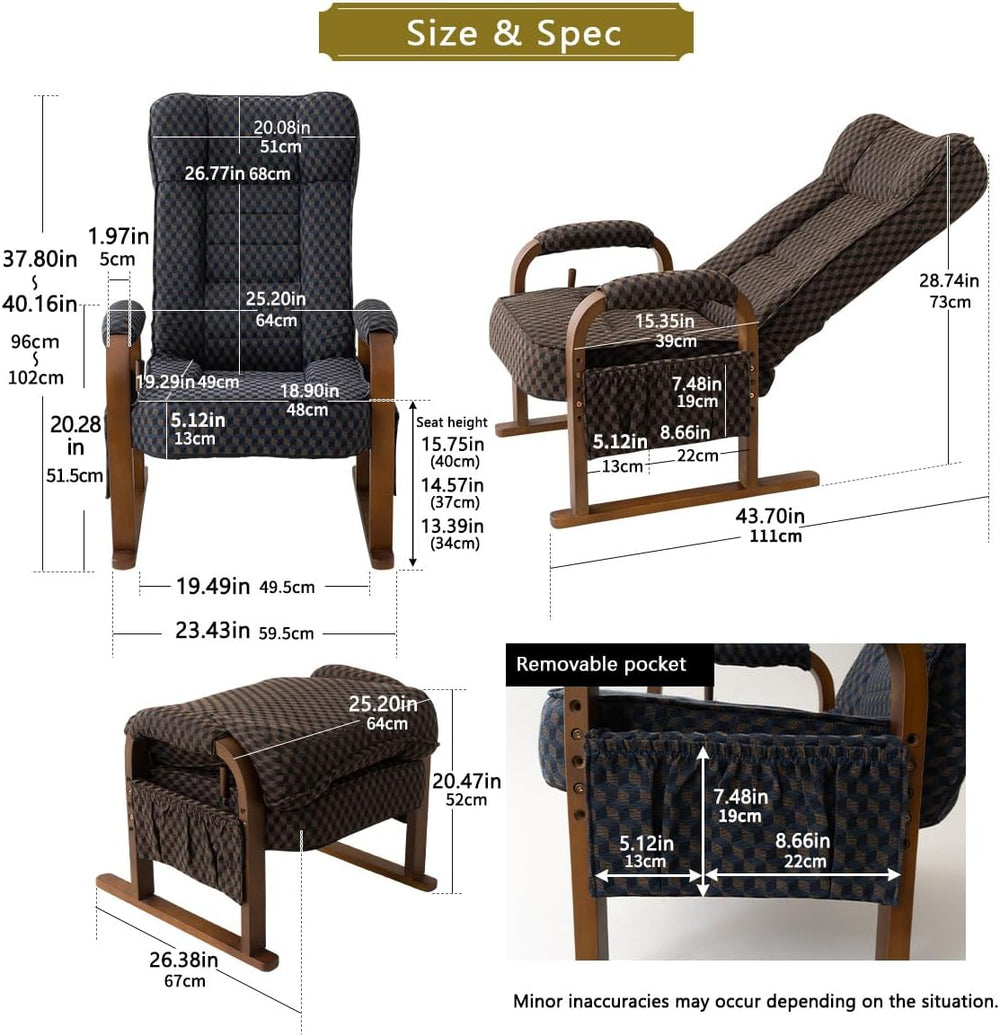 EMOOR Tatami Chair Japanese-Style Chair RYOKAN (Brown), Wooden Armrest & ...
