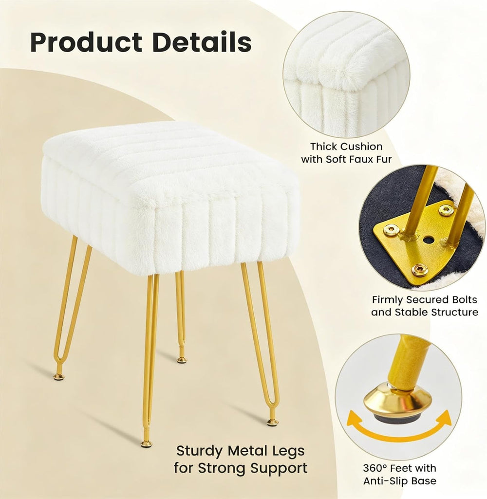 FUXA Vanity Stool Chair with Storage, Faux Fur and Metal Legs, White | Soft P...