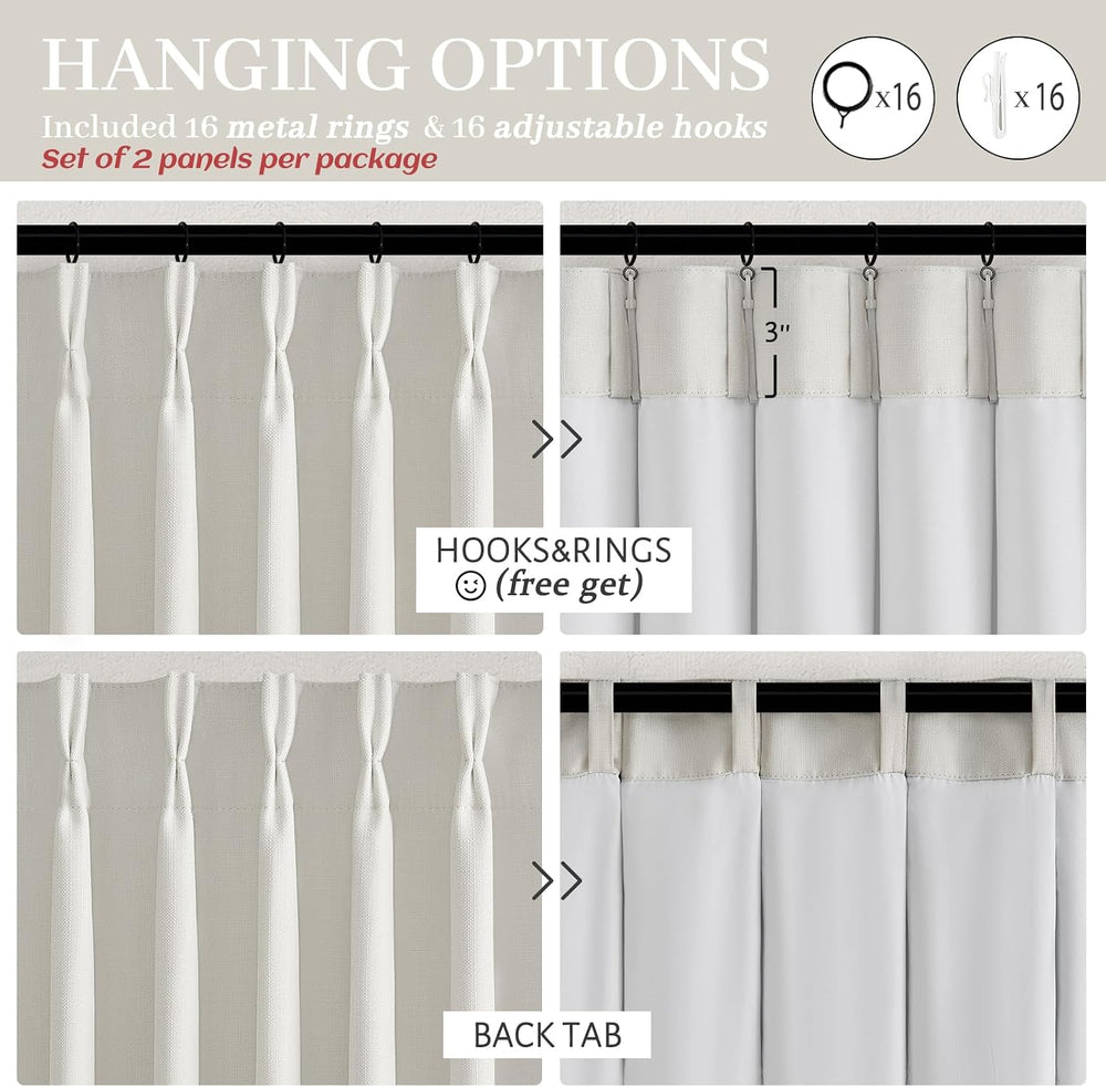 100% Blackout Linen 96 Inch Curtains 2 Panel Set for Bedroom, Modern Pinch Pl...
