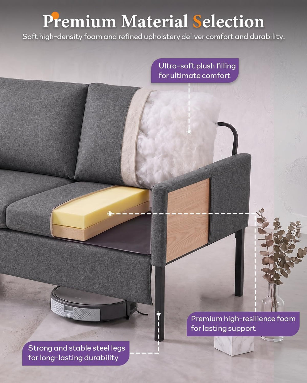 51'' Dark Grey Small Couch Loveseat, 2-Seater Linen Sofa