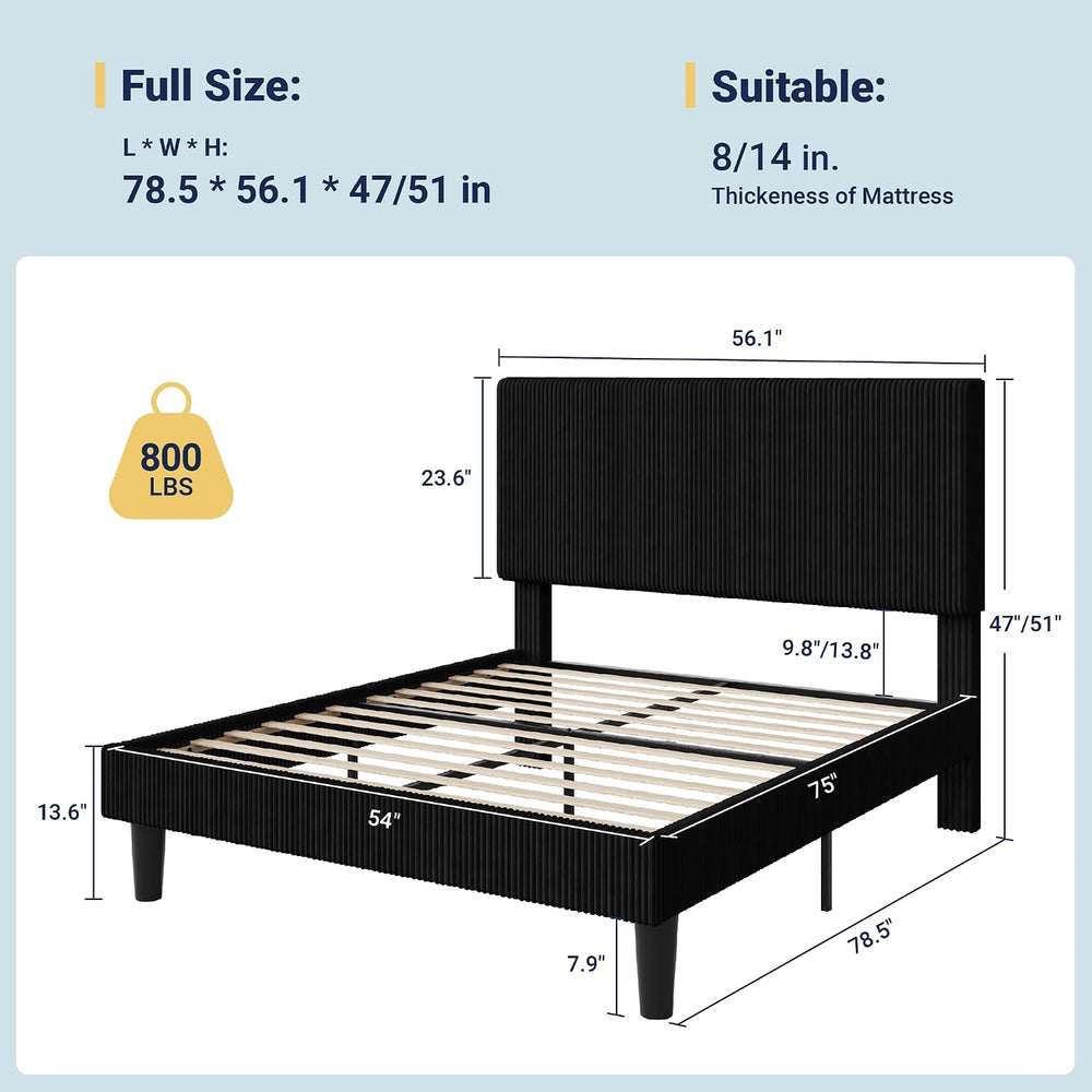Allewie Full Bed Frame, Corduroy Tufted Headboard, Black