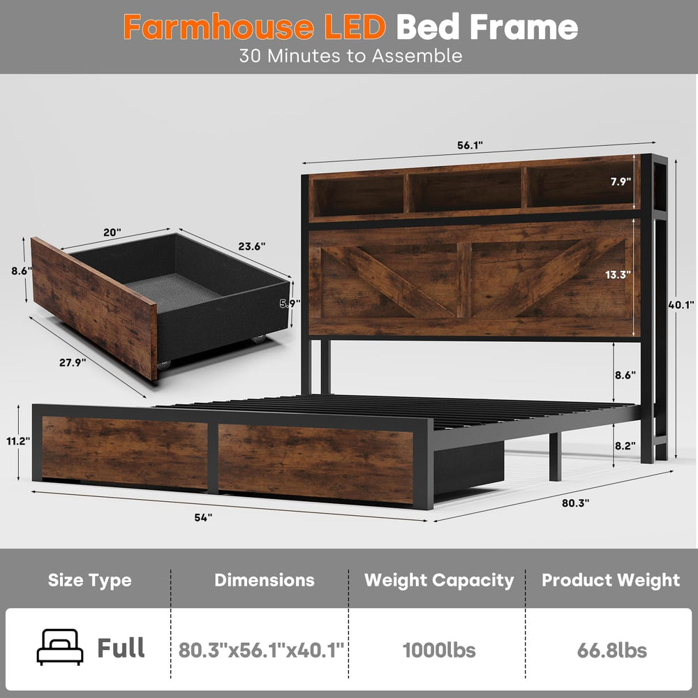 Farmhouse Full Bed Frame with Bookcase Storage Headboard, Charging Station, L...