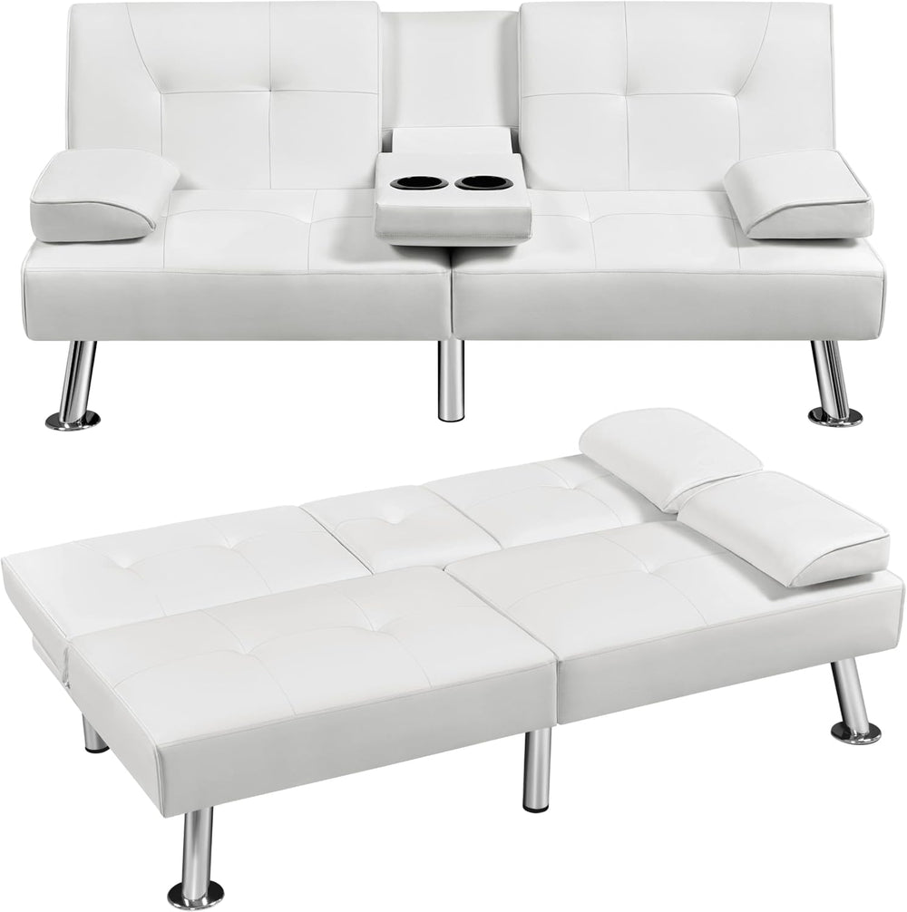 Yaheetech Convertible Futon Sofa Bed Loveseat with Cup Holder, White
