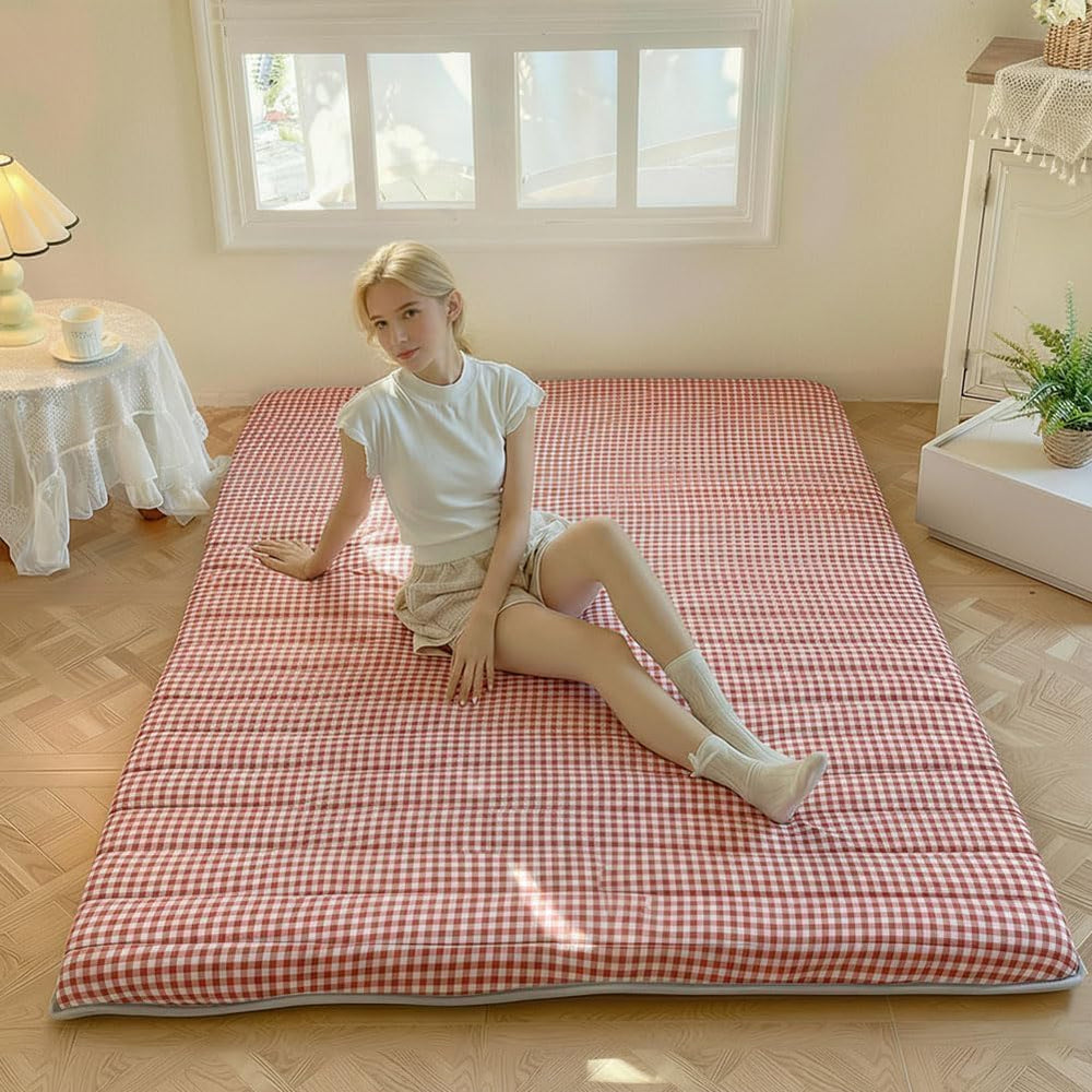 Red Gingham Japanese Floor Mattress, Full Size 60" x 80", 3.5"...