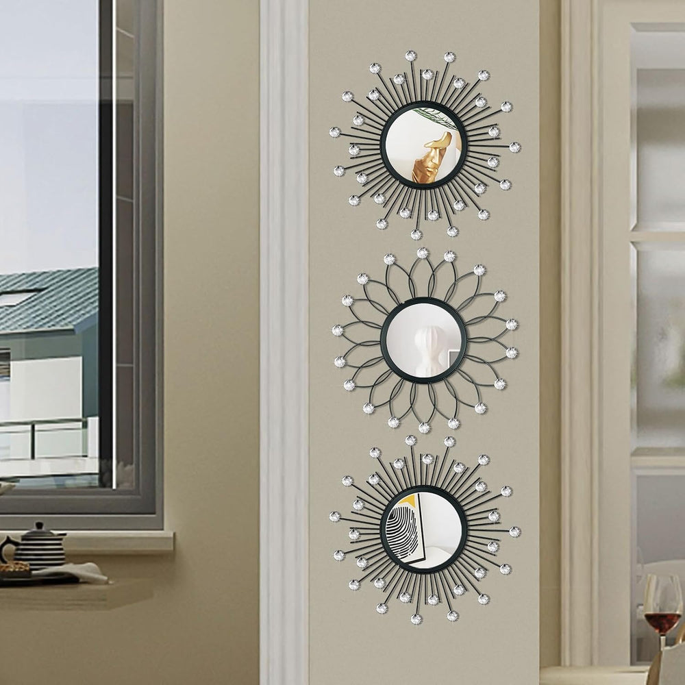 3 Pack Metal Mirror for Wall Sunburst Wall Mirror Black Crystal Home Accent