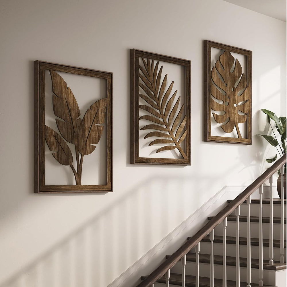 Large Framed Boho Cutout Carved Wood Wall Art for Living Room, 24x36 Inch