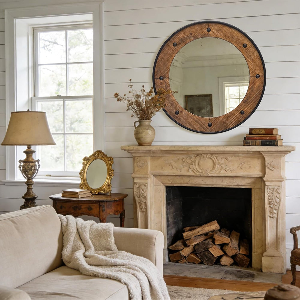 Rustic Round Wall Mirror 30 Inch, Natural Wood Frame with Black Metal Trim, I...