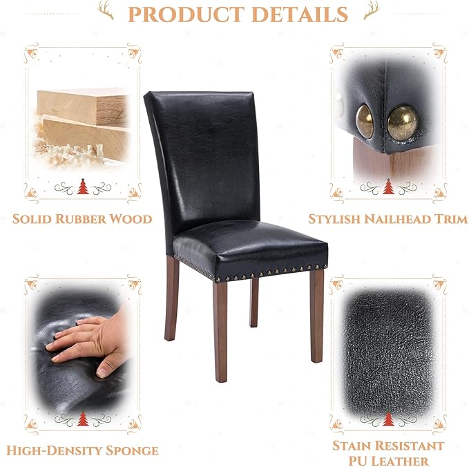 Parsons Dining Chairs Set of 2, Upholstered Nailhead PU Leather Dining Room K...