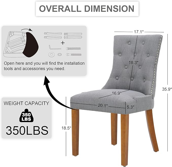 Upholstered Tufted Dining Chairs Set of 6, Fabric Side Dining Room Chairs wit...