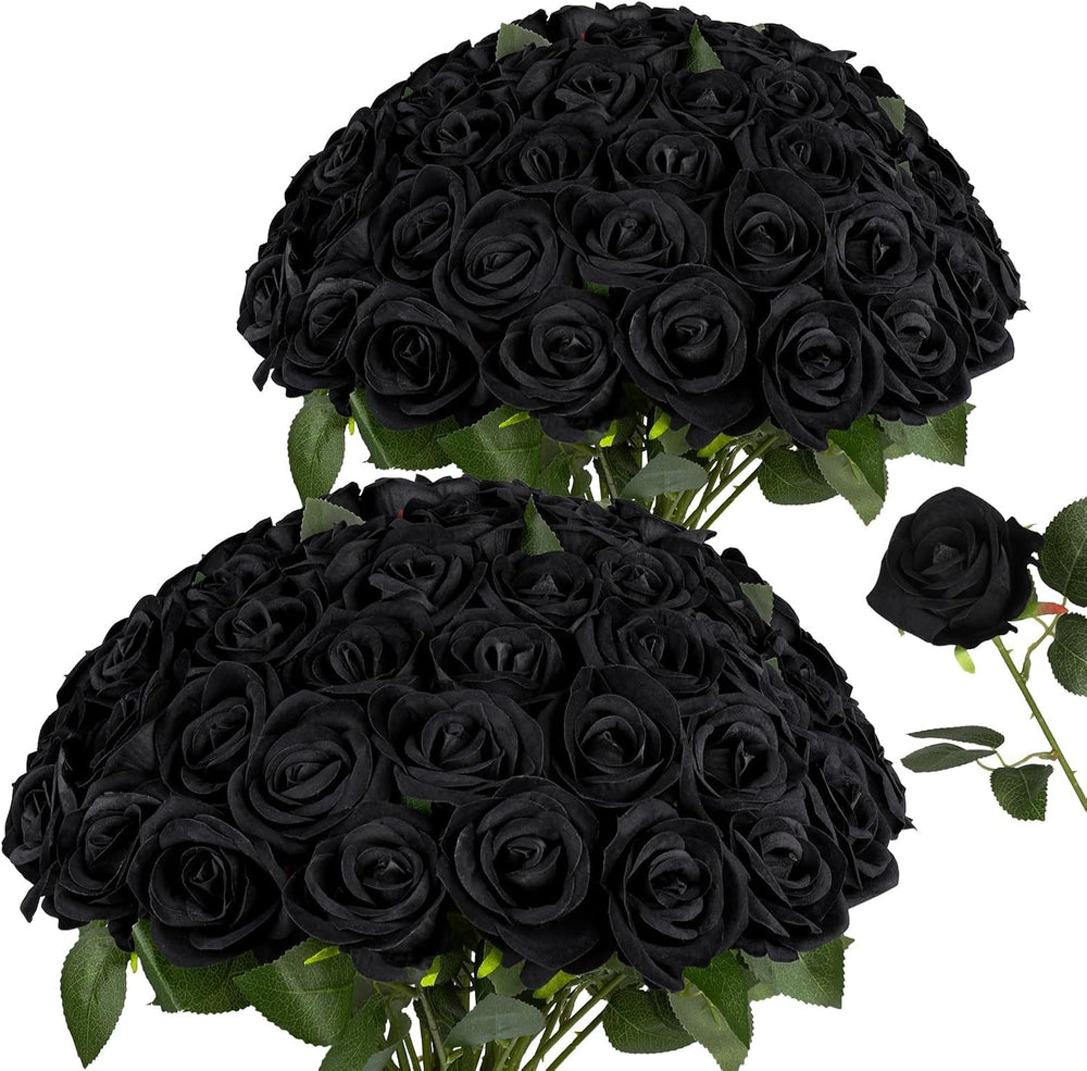 AmyHomie 48 PCS Black Roses, Velvet Realistic Fake Flowers w/Stems