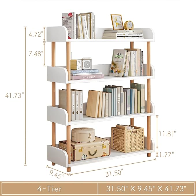4-Tier Wooden Open Bookcase - Modern Display Bookshelf with Side Panels and S...