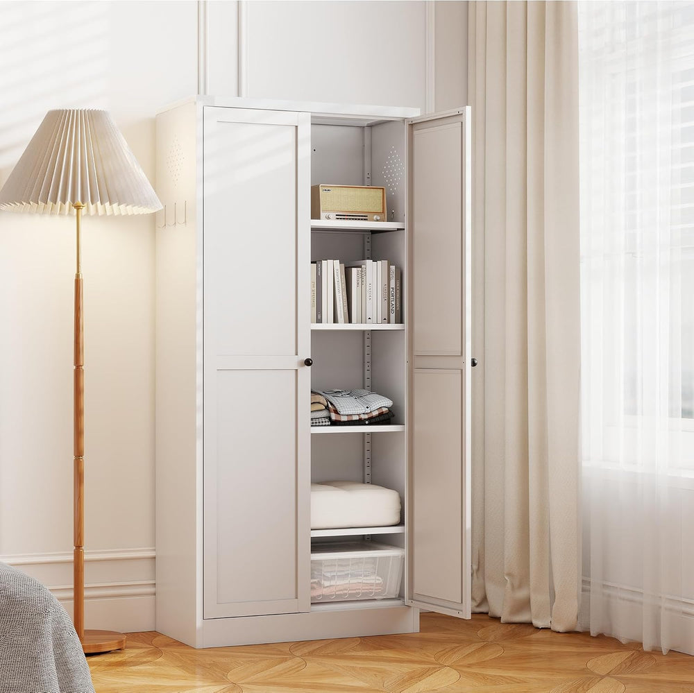 61-Inch White Metal Kitchen Pantry Cabinet with 4 Adjustable Heavy-Duty Shelv...