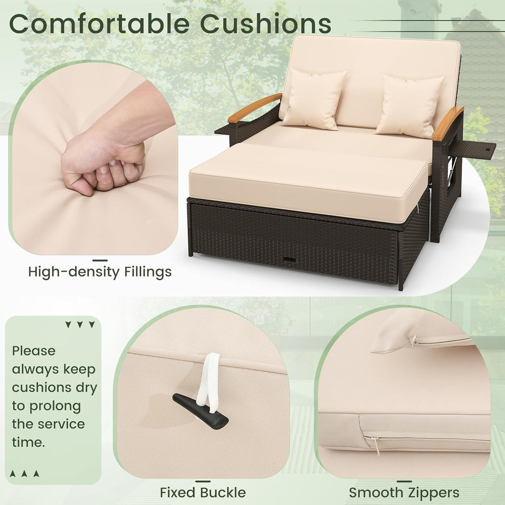 Tangkula Patio Rattan Daybed, Outdoor Wicker Loveseat, Mix Brown & Beige