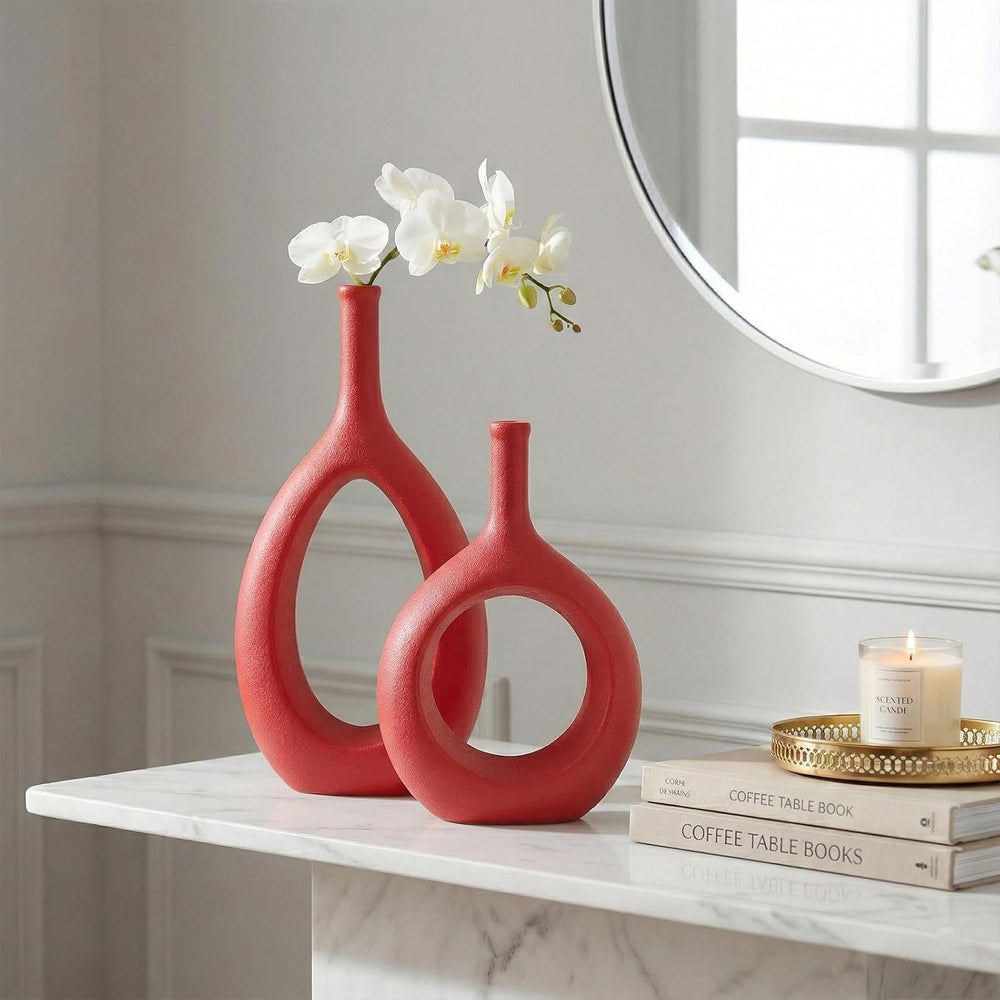 Red Ceramic Hollow Elliptical Vase Set of 2 - Boho Circle Vase with Hole, for...